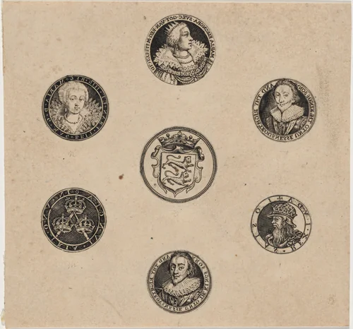Sheet of Seven Roundels with Portraits by Simon van de Passe, print, 1595-1647