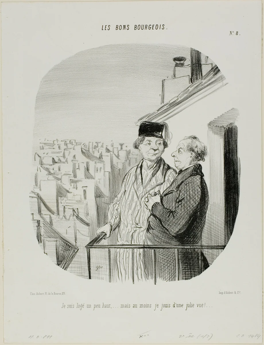 “I am living a little high up... but at least I am enjoying a beautiful view,” plate 8 from Les Bons Bourgeois by Honoré-Victorin Daumier, print, 1846
