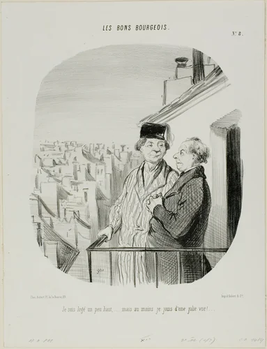 “I am living a little high up... but at least I am enjoying a beautiful view,” plate 8 from Les Bons Bourgeois by Honoré-Victorin Daumier, print, 1846
