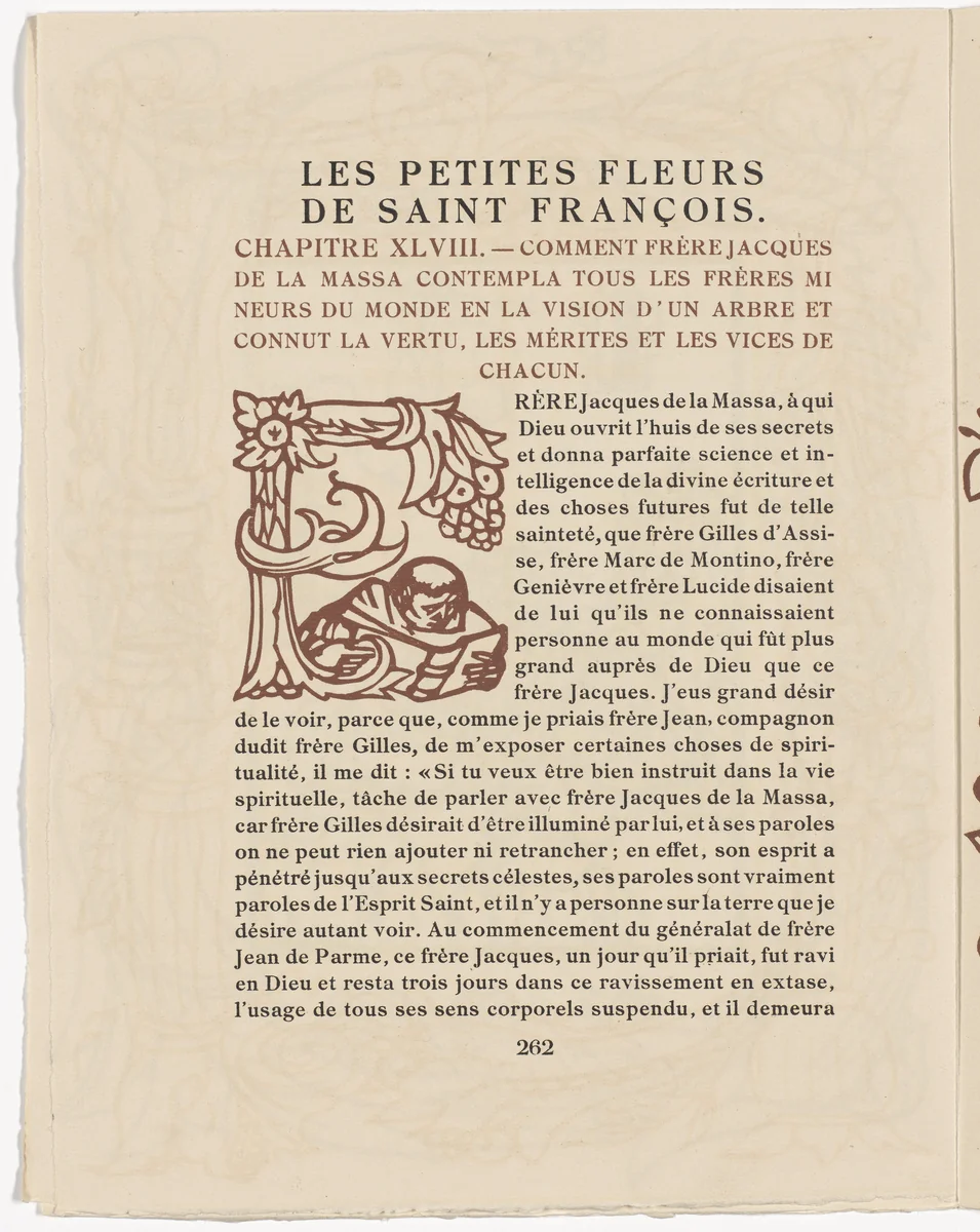 Pictorial initial (page 262) from Les Petites Fleurs de St. François (The Little Flowers of St. Francis) by Émile Bernard, illustrated book, 1928
