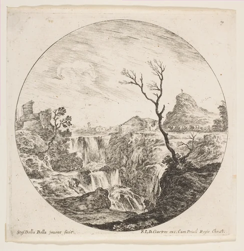 A triple waterfall, a dead tree at right, a mountain and a herd of cows in the background at right, plate 7 from "Roman landscapes and ruins" (Paysages et ruines de Rome) by Stefano della Bella, print, 1641-1651