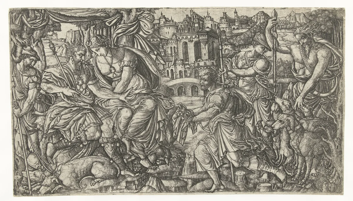 De koning en Diana ontvangen een geschenk van jagers by Jean Duvet, print, 1540-1550