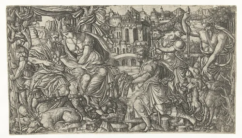 De koning en Diana ontvangen een geschenk van jagers by Jean Duvet, print, 1540-1550