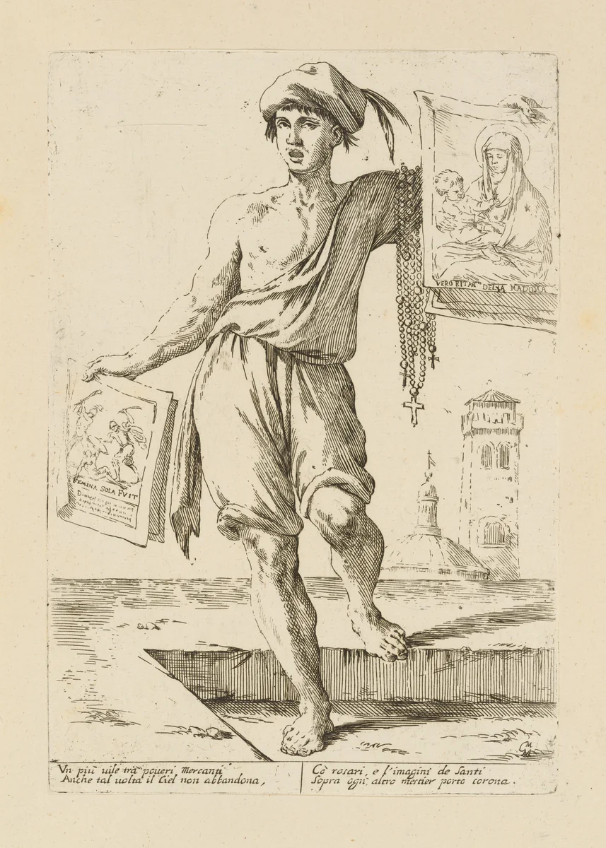 Vendor of Rosaries and Sacred Images, from Di Bologna l'Arti per via D'An.ibal' Ca.rac, plate 14 by Giuseppe Maria Mitelli, print, 1660
