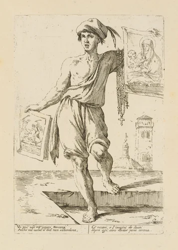 Vendor of Rosaries and Sacred Images, from Di Bologna l'Arti per via D'An.ibal' Ca.rac, plate 14 by Giuseppe Maria Mitelli, print, 1660