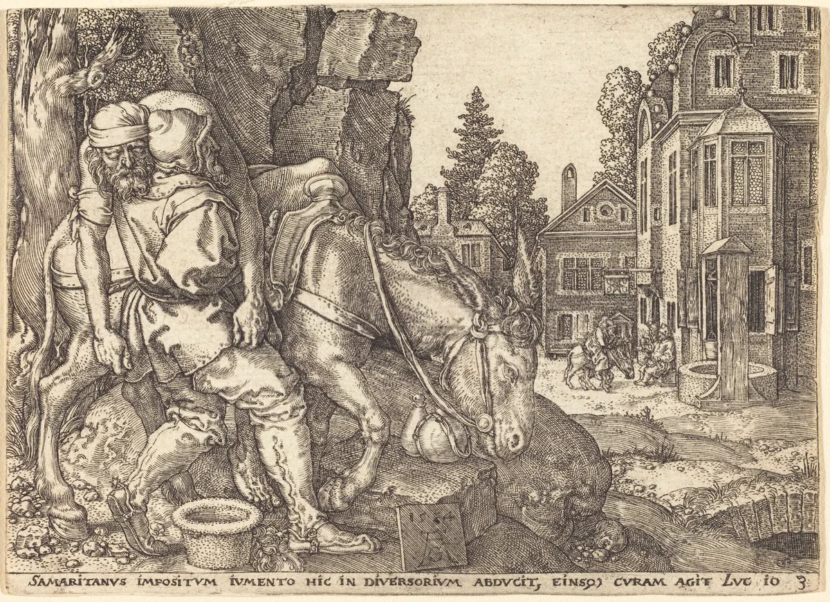 The Good Samaritan Placing the Traveler on a Mule by Heinrich Aldegrever, print, 1554