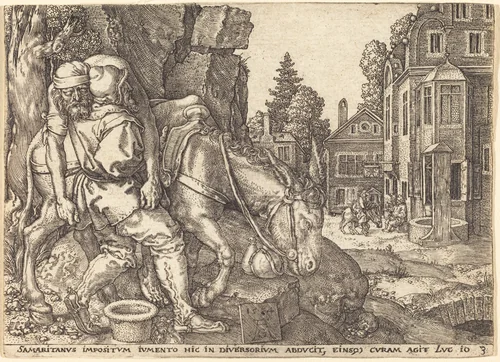The Good Samaritan Placing the Traveler on a Mule by Heinrich Aldegrever, print, 1554