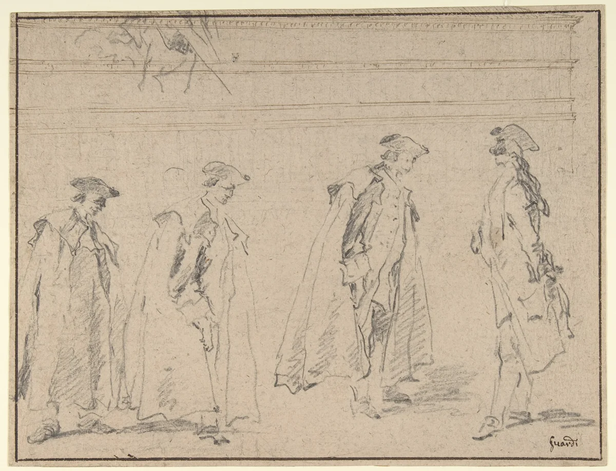 Figure Studies (recto); Figures Along a Canal and on a Bridge; to the right, a Curtain and a Stool (?) (verso) by Francesco Guardi, drawing, 1712-1793