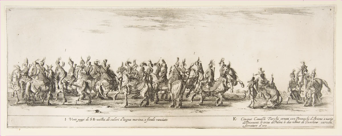 Part of the Entrance of the Polish Legation (I and K) by Stefano della Bella, print, 1633