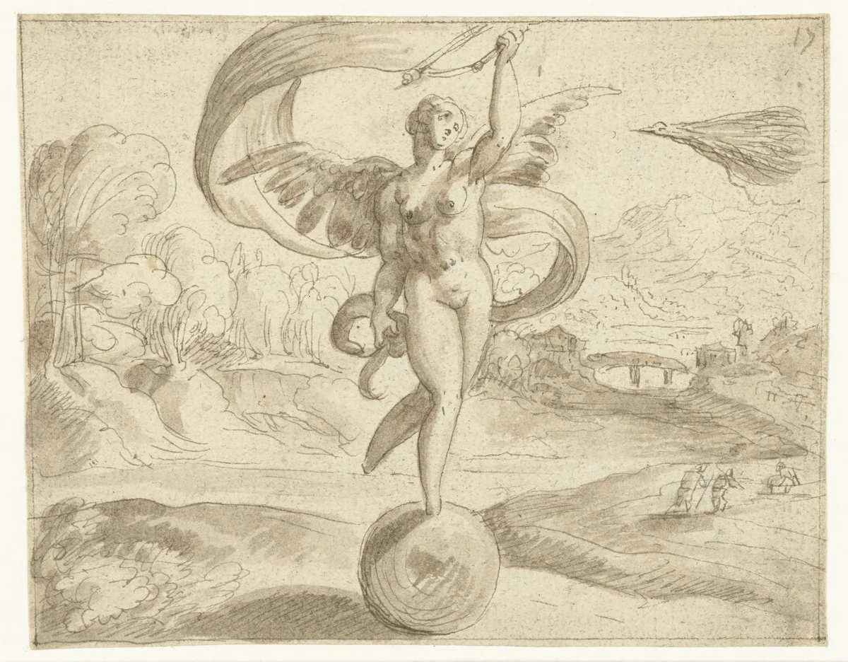 Fortuna zonder voeten, staande op een bol by Jan Snellinck, drawing, 1575-1580