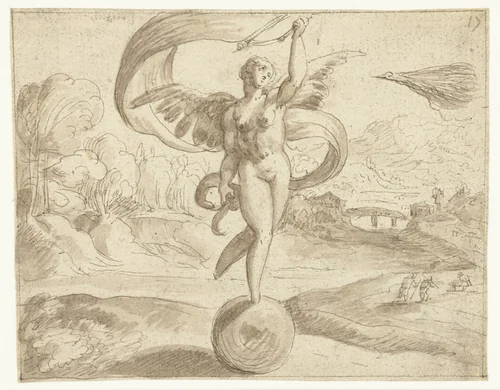 Fortuna zonder voeten, staande op een bol by Jan Snellinck, drawing, 1575-1580