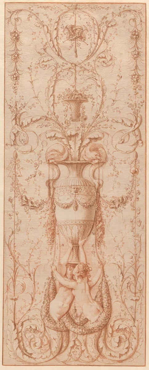 Design for a Decorative Panel with Two Sirens Holding a Vase Embellished with Dolphins and other Decorative Motifs by Gilles Paul Cauvet, drawing, 1777