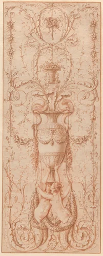 Design for a Decorative Panel with Two Sirens Holding a Vase Embellished with Dolphins and other Decorative Motifs by Gilles Paul Cauvet, drawing, 1777