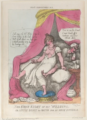 The First Night of My Wedding, or Little Boney No Match For an Arch Dutchess by Thomas Rowlandson, print, 1810