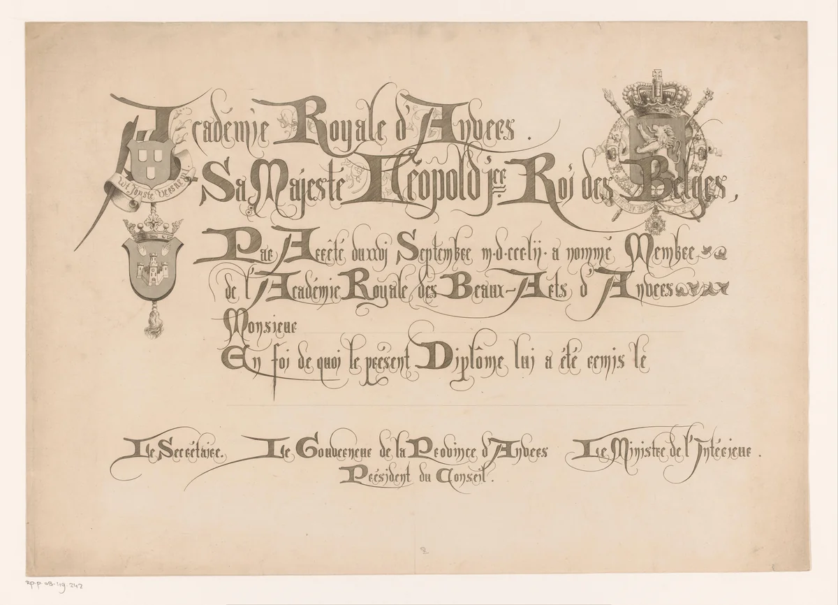 Diploma van de Koninklijke Academie voor Schone Kunsten van Antwerpen by Jean Théodore Joseph Linnig, print, 1825-1891