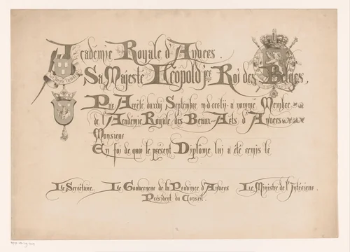 Diploma van de Koninklijke Academie voor Schone Kunsten van Antwerpen by Jean Théodore Joseph Linnig, print, 1825-1891