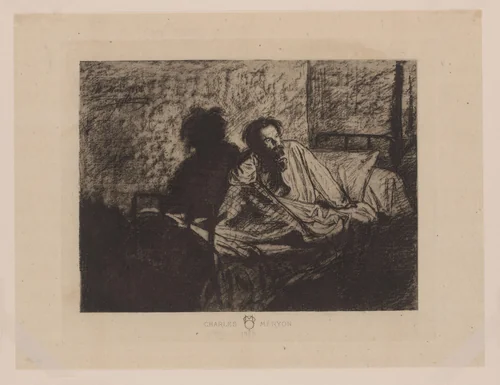 Portret van Charles Meryon zittend in bed by anonymous, print, 1858