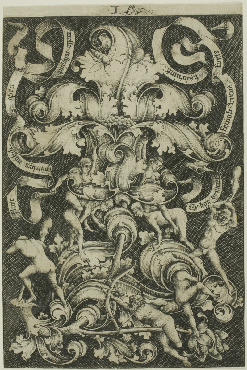 Ornament With Flower and Eight Wild Folk by Israhel van Meckenem, print, 1465-1503
