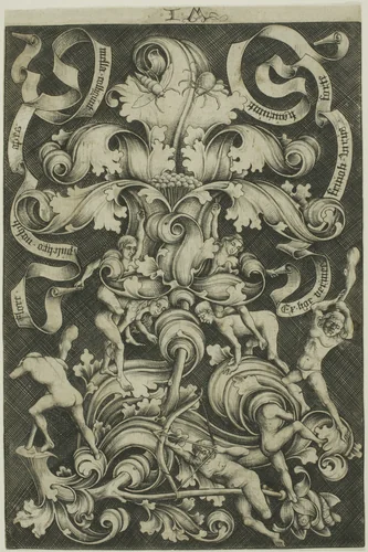 Ornament With Flower and Eight Wild Folk by Israhel van Meckenem, print, 1465-1503
