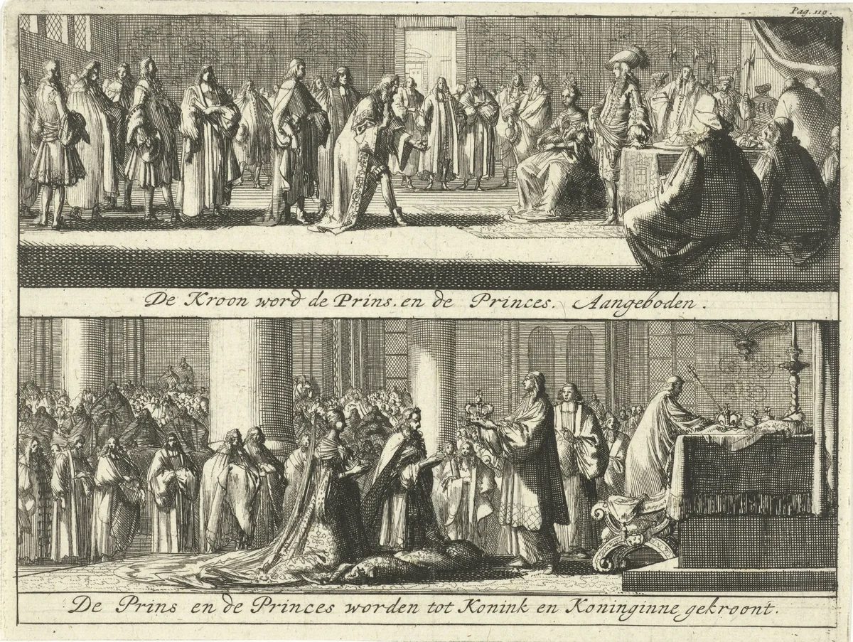 Prins en prinses krijgen de kroon aangeboden / Prins en prinses tot koning en koningin gekroond by Jan Luyken, print, 1690