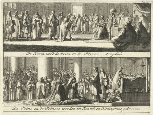 Prins en prinses krijgen de kroon aangeboden / Prins en prinses tot koning en koningin gekroond by Jan Luyken, print, 1690