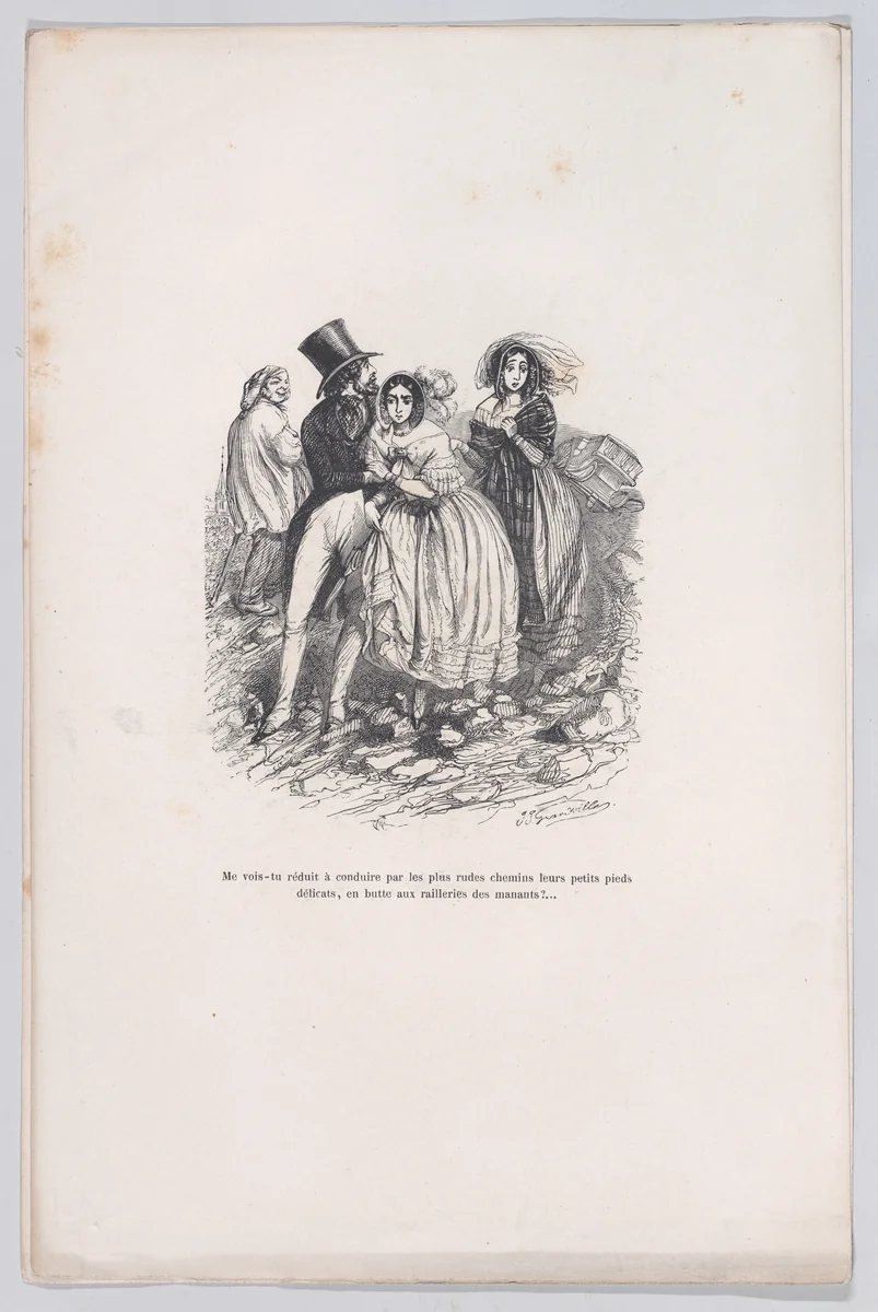 Do you see me reduced to driving by the roughest paths their little delicate feet, in the grip of the mockery of the leaders?, from "Little Miseries of Human Life" by J. J. Grandville, print, 1843