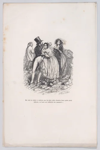 Do you see me reduced to driving by the roughest paths their little delicate feet, in the grip of the mockery of the leaders?, from "Little Miseries of Human Life" by J. J. Grandville, print, 1843