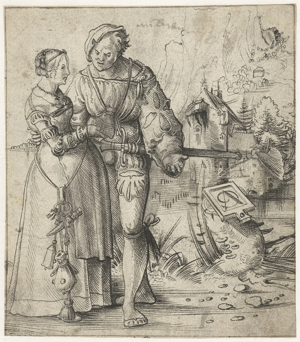 Krijgsman en jonge vrouw in landschap by Urs Graf, drawing, 1500-1528