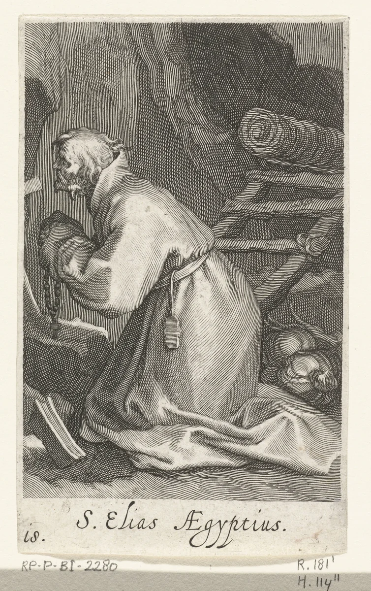 Heilige Elias van Caesarea als kluizenaar by Boëtius Adamsz. Bolswert, print, 1590-1612