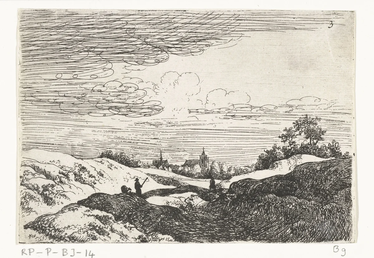 Glooiend landschap met kerktorens by Jan van Aken, print, 1624-1661