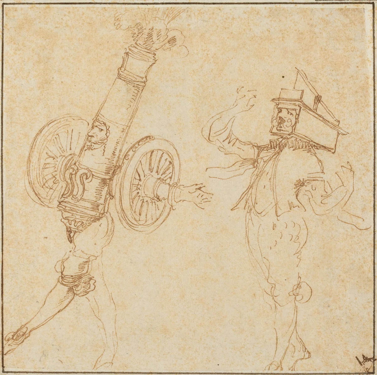 Two Men in Masquerade Costumes: A Cannon Firing and a Cat Inside a Mousetrap by Stefano della Bella, drawing, 1610-1664