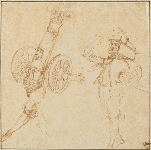 Two Men in Masquerade Costumes: A Cannon Firing and a Cat Inside a Mousetrap by Stefano della Bella, drawing, 1610-1664