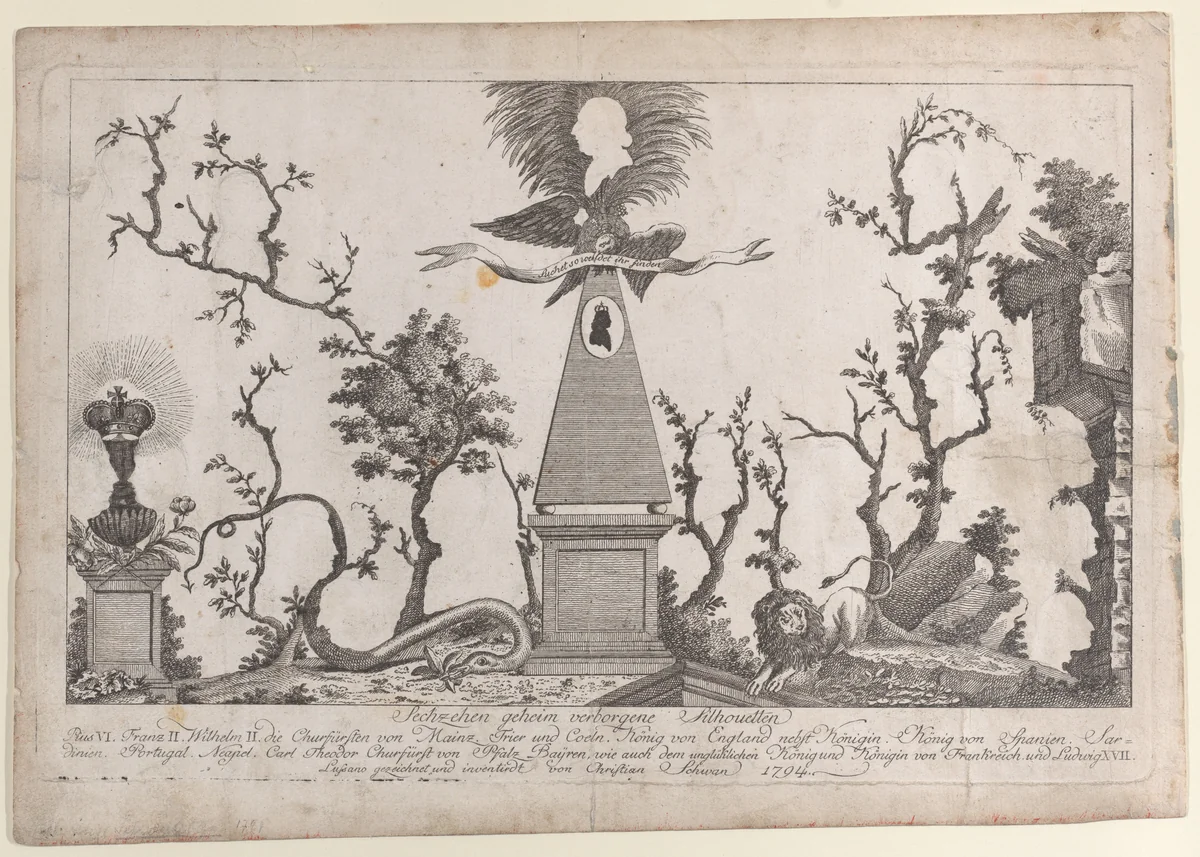 Hidden silhouettes of the rulers of Europe by Lussano, print, 1794