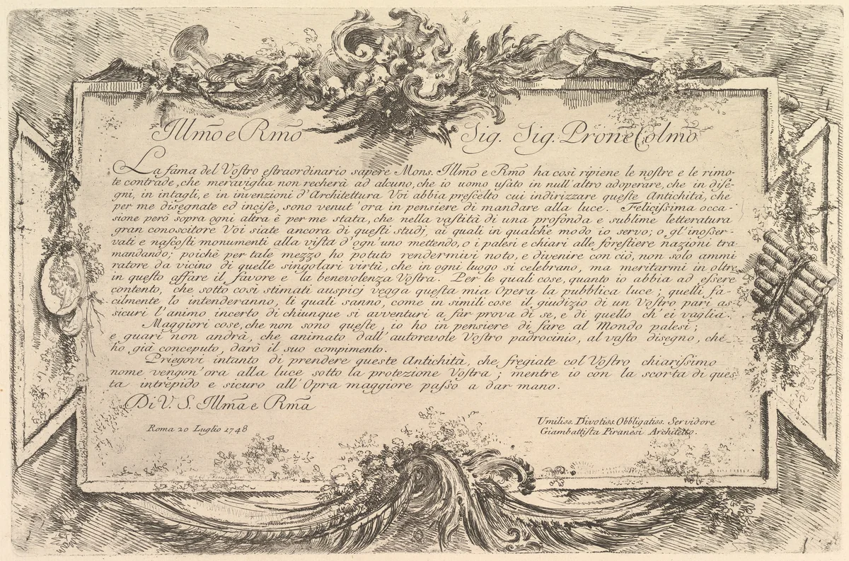 Dedication to Giovanni Bottari (Dédicace à Bottari), from "Antichità Romane de' Tempi della Repubblica, e de' primi Imperatori" by Giovanni Battista Piranesi, print, 1743-1753