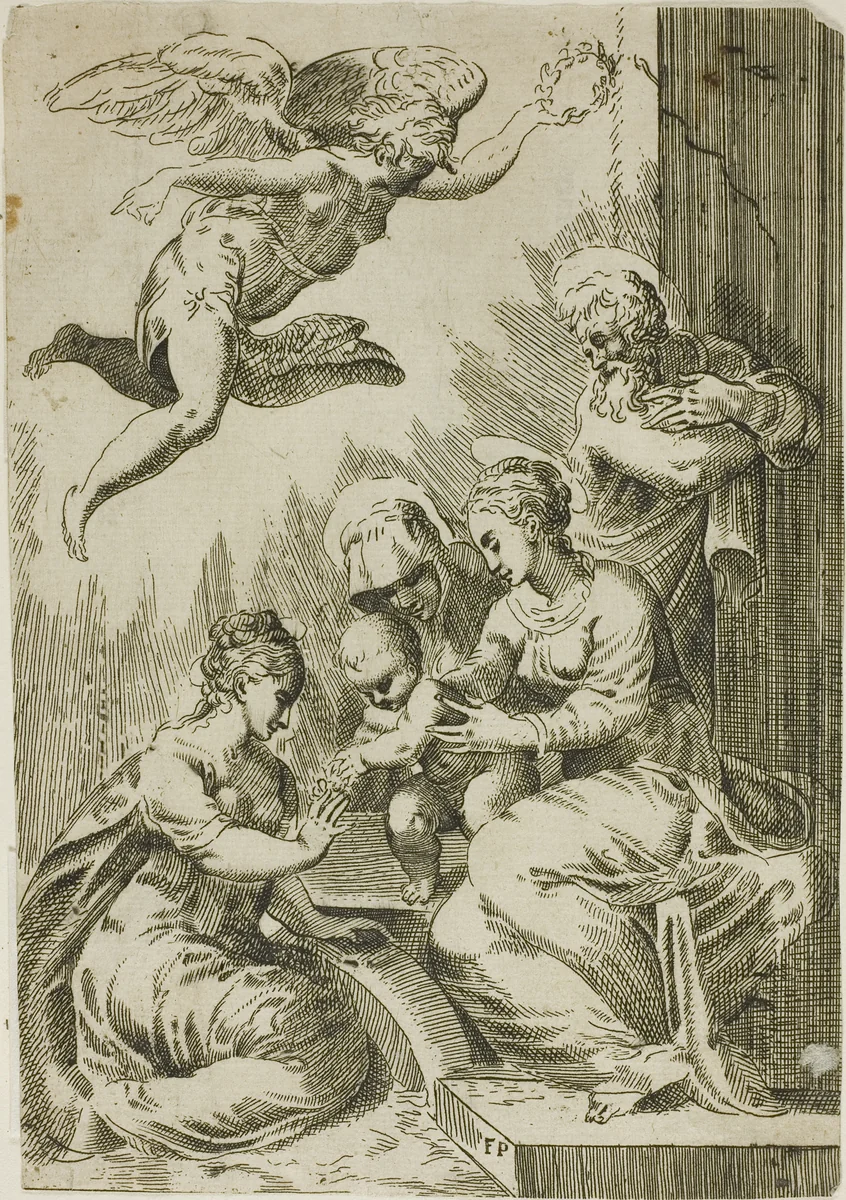 Holy Family Crowned by an Angel by Parmigianino, print, 1523-1650