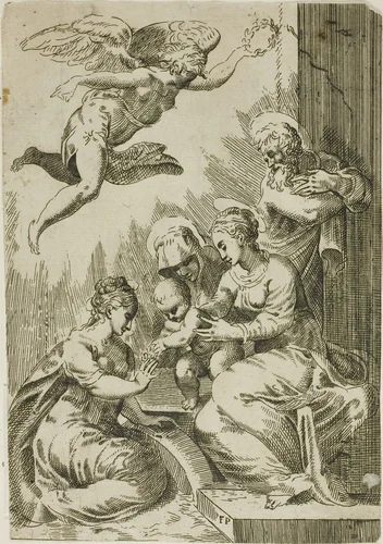 Holy Family Crowned by an Angel by Parmigianino, print, 1523-1650
