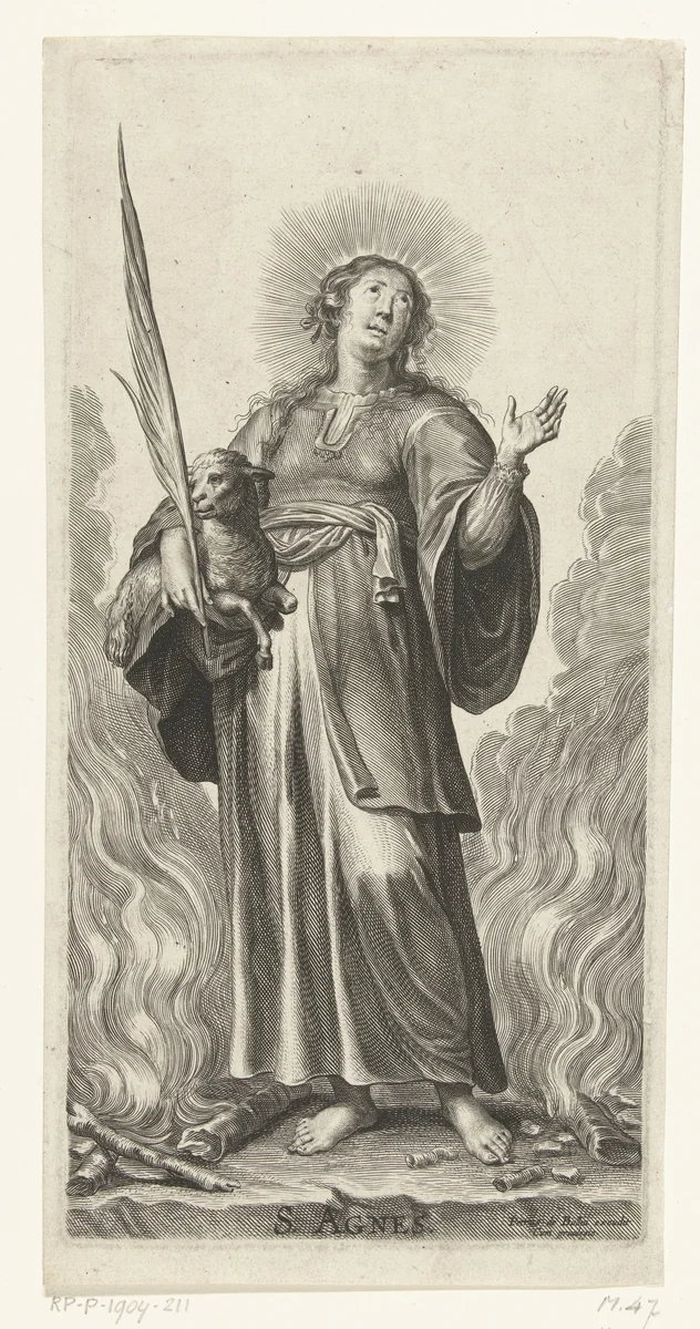 Heilige Agnes met lam staand tussen brandende takken by Pieter de Bailliu, print, 1623-1660