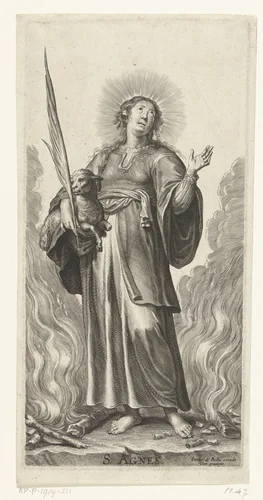 Heilige Agnes met lam staand tussen brandende takken by Pieter de Bailliu, print, 1623-1660