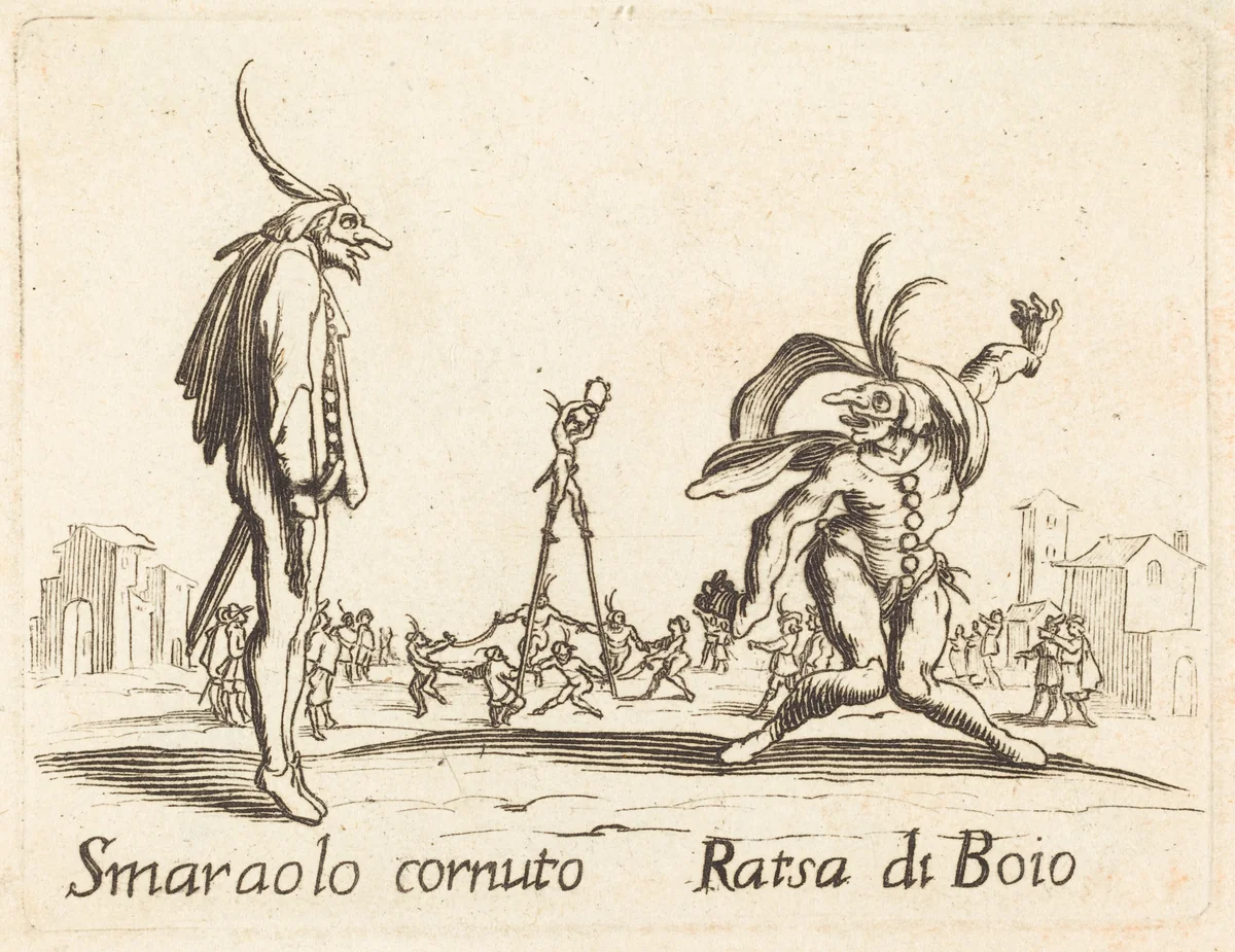 Smaralo Cornuto and Ratsa di Boio by Jacques Callot, print, 1622-1699