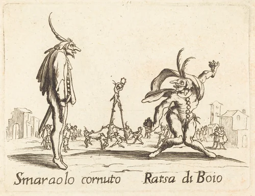 Smaralo Cornuto and Ratsa di Boio by Jacques Callot, print, 1622-1699