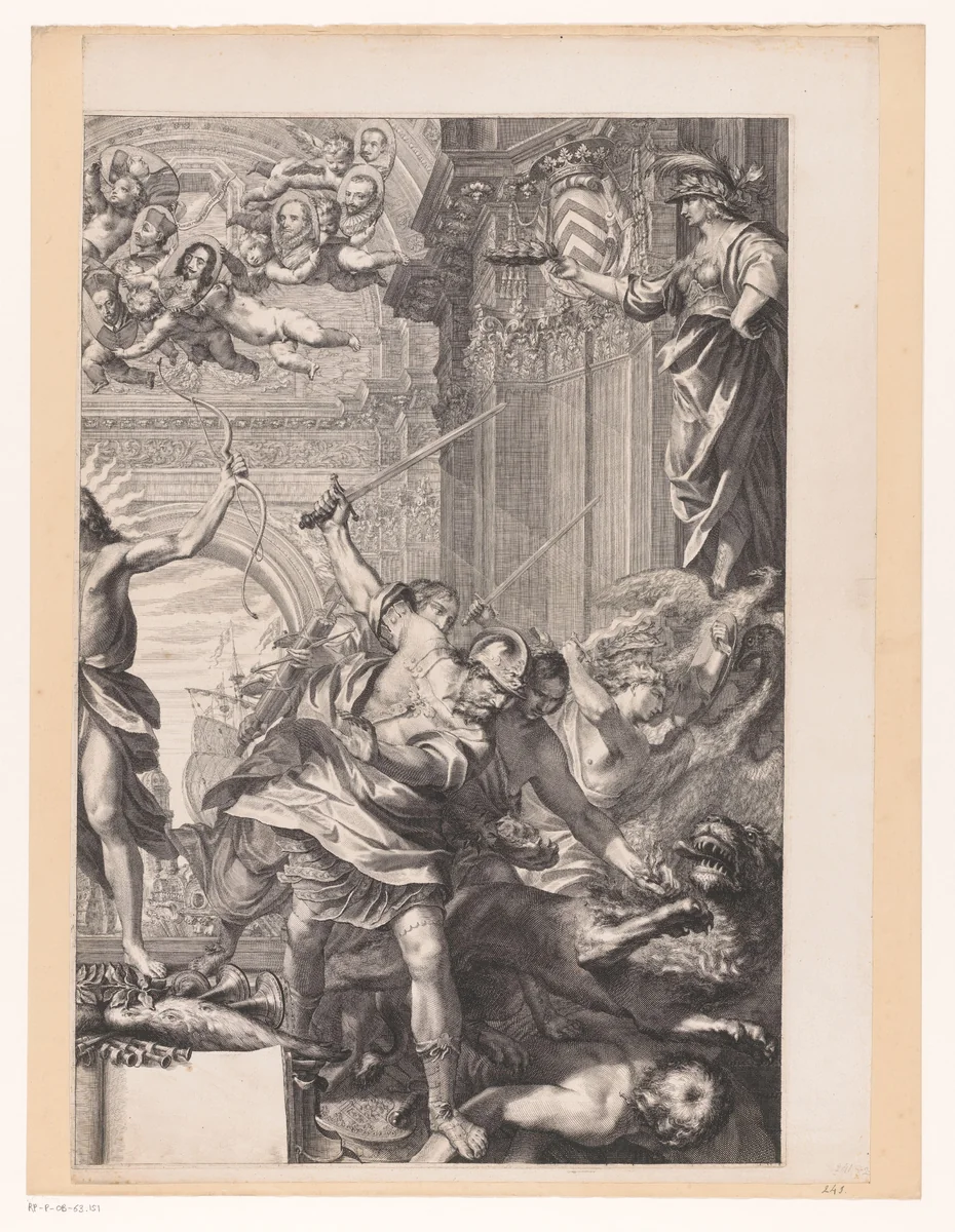 Allegorische voorstelling met Armand-Jean du Plessis hertog van Richelieu, in het gezelschap van Apollo en Neptunus (rechter bovendeel) by Grégoire Huret, print, 1616-1670
