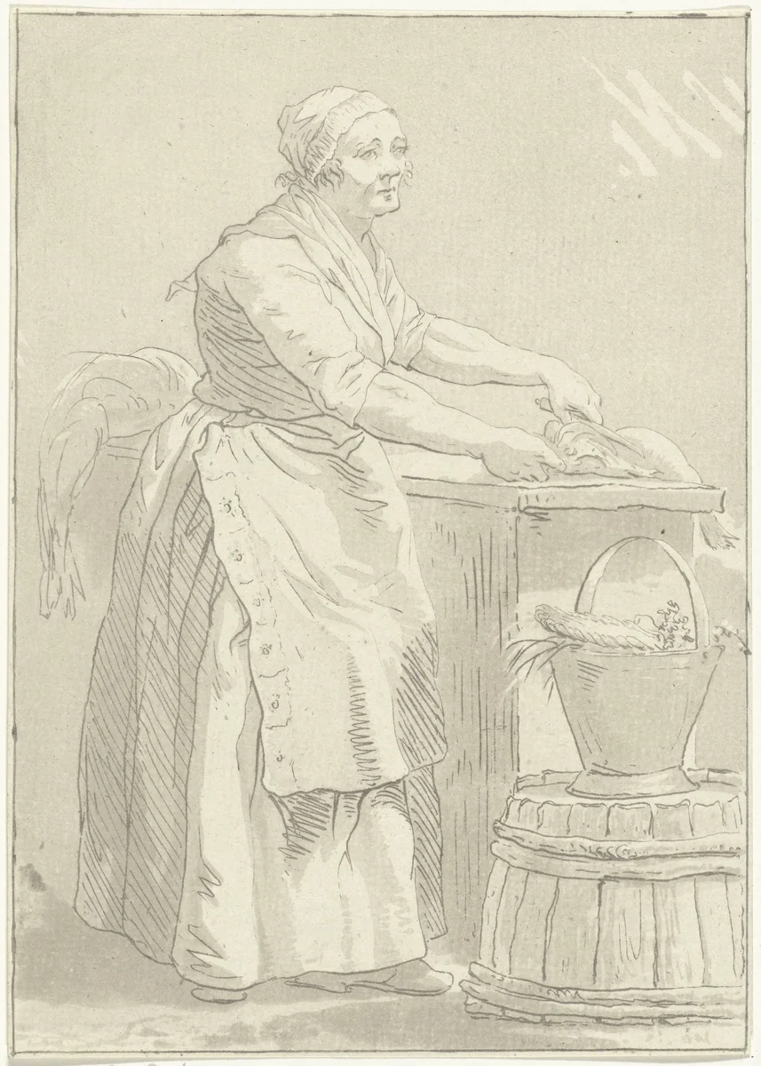 Vis schoonmakende vrouw by Hermanus Fock, print, 1781-1822