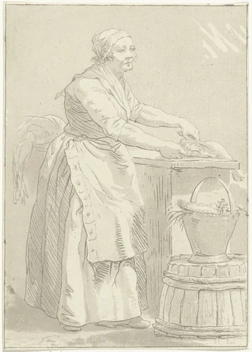 Vis schoonmakende vrouw by Hermanus Fock, print, 1781-1822