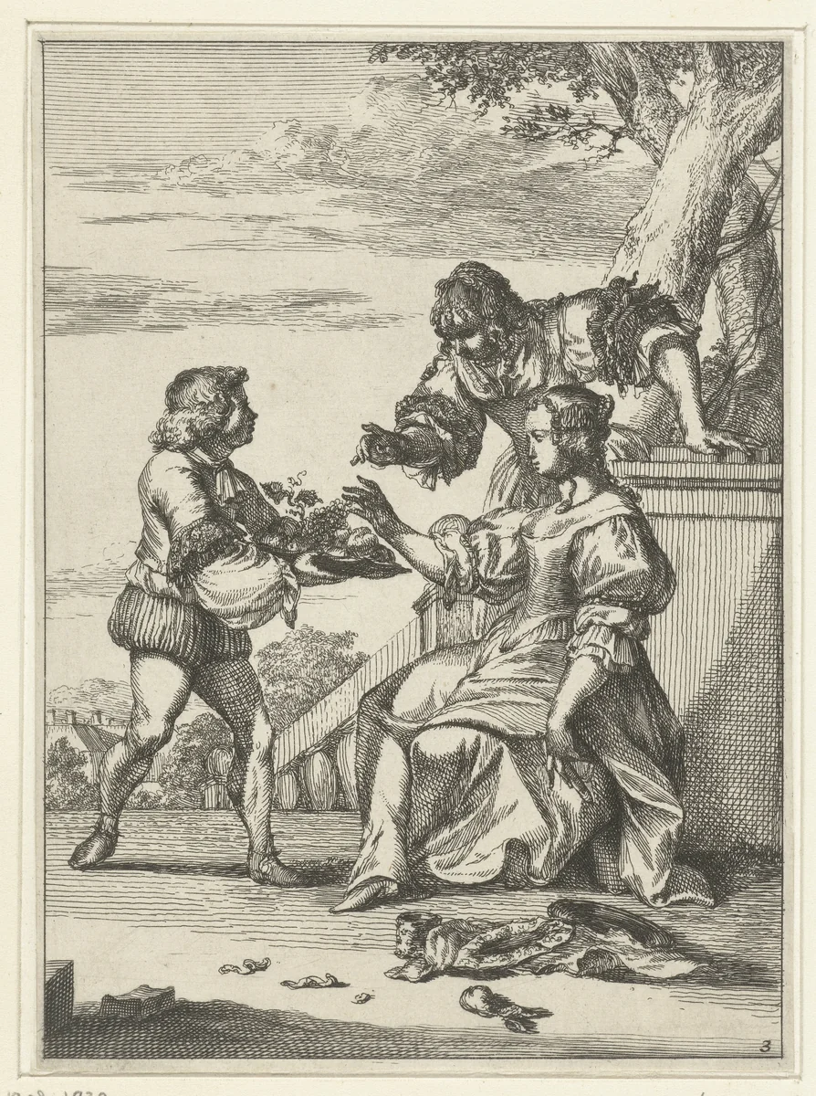 Twee vrouwen en man met fruitschaal by Romeyn de Hooghe, print, 1655-1708