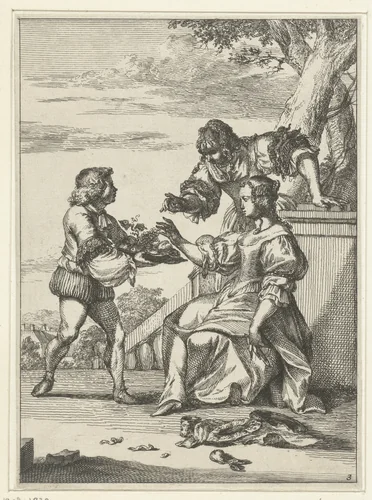 Twee vrouwen en man met fruitschaal by Romeyn de Hooghe, print, 1655-1708