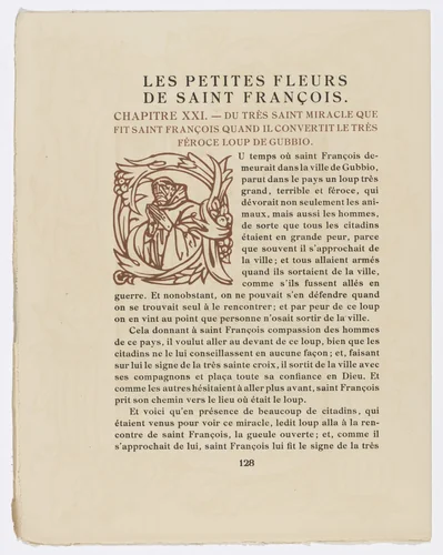 Pictorial initial (page 128) from Les Petites Fleurs de St. François (The Little Flowers of St. Francis) by Émile Bernard, illustrated book, 1928