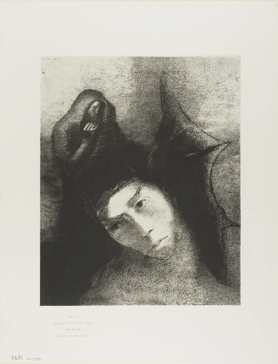 Anthony: "What is the object of all this?" The Devil: "There is no object!", plate 18 of 24 by Odilon Redon, print, 1896
