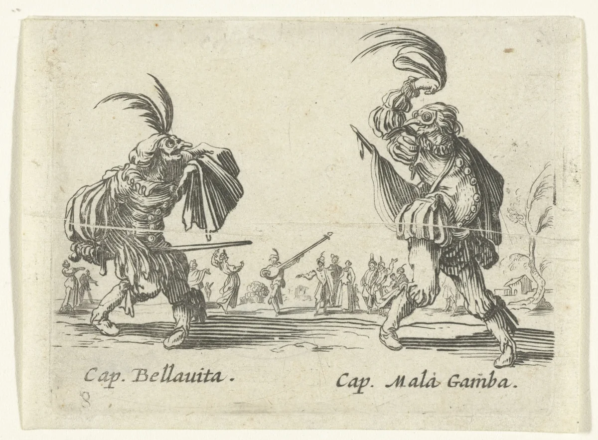 Twee straatartiesten als Capitano Bellavita en Capitano Mala Gamba by anonymous, print, 1622-1670