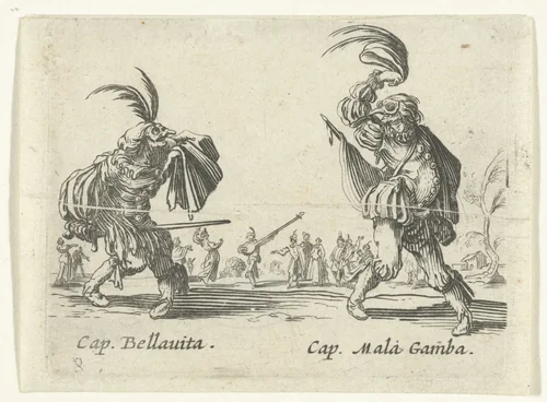 Twee straatartiesten als Capitano Bellavita en Capitano Mala Gamba by anonymous, print, 1622-1670