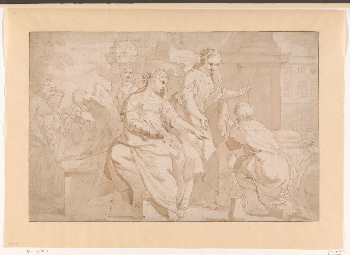 Allegorie op de verzorging in het Oudemannen- en vrouwengasthuis by Barend Graat, drawing, 1683-1685